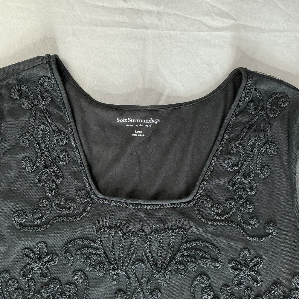 Soft Surroundings Black Dress Raised Embroidery Flutter Lace Sleeves Size Large - Picture 5 of 11